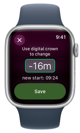 Moving a start time 16 minutes earlier with the Digital Crown on Apple Watch