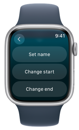 Event options on Apple Watch: Set name, Change start, Change end