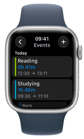 Events log on Apple Watch: today’s Reading and Studying events with their durations and times