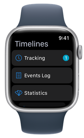 Timelines main menu on Apple Watch: Tracking, Events Log, Statistics