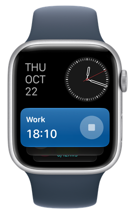 Timelines Live Activity in the Apple Watch Smart Stack, with a running Work timer and a stop button