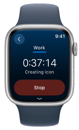 Timelines on Apple Watch, tracking Work with a running timer and a Stop button