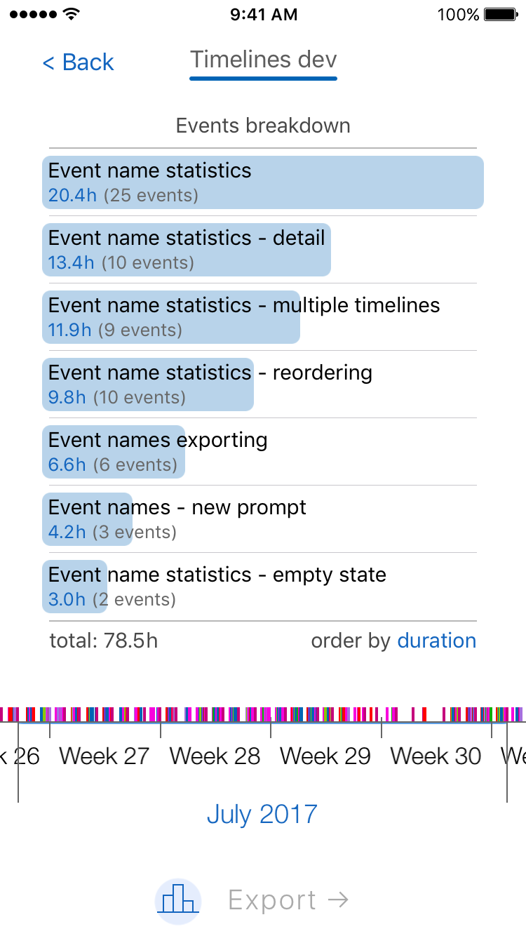 Timelines app screenshot Exporting