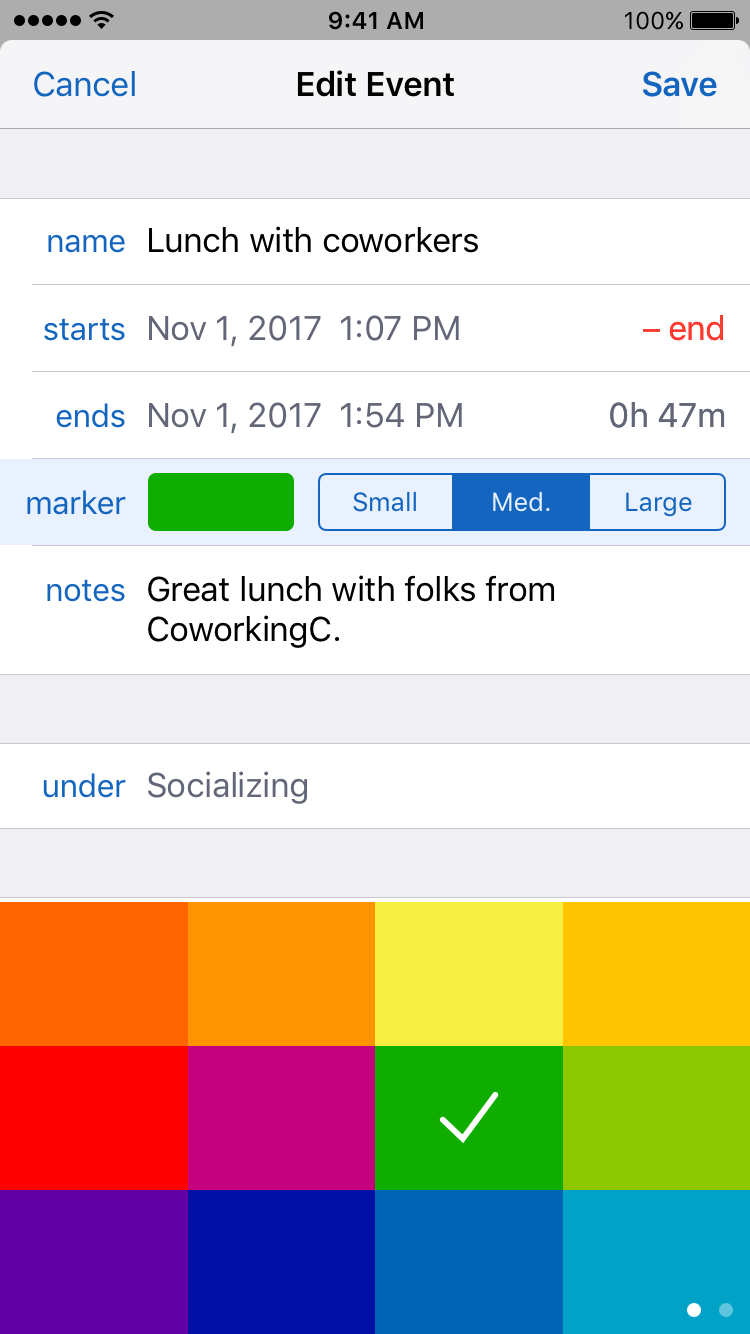 Timelines app screenshot Event editing